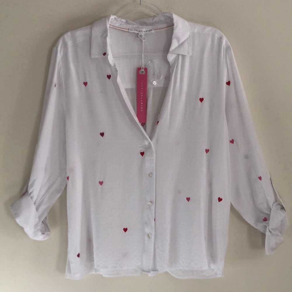 Jane & Delancey White Button-Down Shirt with Red Heart Accents